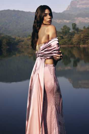 Buy Aaryaa By Kashveen Kohli Pink Net, Satin Bandeau Neck Roselle Mermaid Skirt Set With Bow Cape Online at Aza Fashions Buy_Aaryaa By Kashveen Kohli_Pink Net, Satin Bandeau Neck Roselle Mermaid Skirt Set With Bow Cape _Online_at_Aza_Fashions