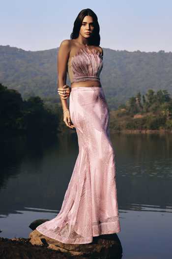 Aaryaa By Kashveen Kohli Pink Net, Satin Bandeau Neck Roselle Mermaid Skirt Set With Bow Cape at Aza Fashions Aaryaa By Kashveen Kohli_Pink Net, Satin Bandeau Neck Roselle Mermaid Skirt Set With Bow Cape _at_Aza_Fashions