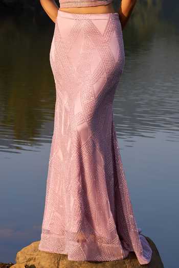 Buy Aaryaa By Kashveen Kohli Pink Net, Satin Bandeau Neck Roselle Mermaid Skirt Set With Bow Cape Buy_Aaryaa By Kashveen Kohli_Pink Net, Satin Bandeau Neck Roselle Mermaid Skirt Set With Bow Cape
