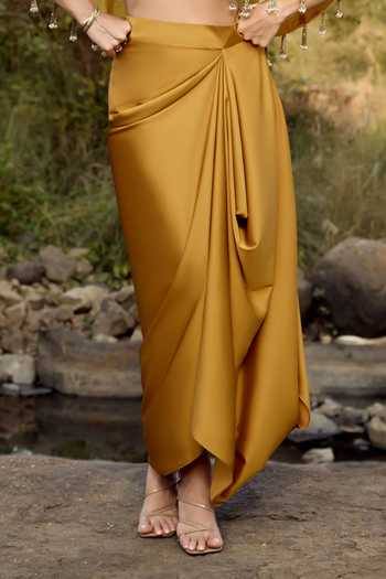Aaryaa By Kashveen Kohli Yellow Satin, Organza Bandeau Neck Nadir Cowl Draped Skirt And Halo Cape Set Online at Aza Fashions Aaryaa By Kashveen Kohli_Yellow Satin, Organza Bandeau Neck Nadir Cowl Draped Skirt And Halo Cape Set _Online_at_Aza_Fashions