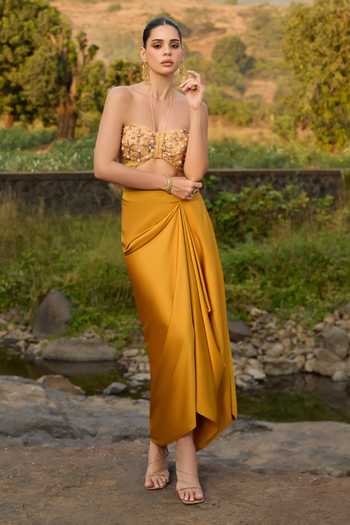 Aaryaa By Kashveen Kohli Yellow Satin, Organza Bandeau Neck Nadir Cowl Draped Skirt And Halo Cape Set at Aza Fashions Aaryaa By Kashveen Kohli_Yellow Satin, Organza Bandeau Neck Nadir Cowl Draped Skirt And Halo Cape Set _at_Aza_Fashions