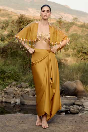 Aaryaa By Kashveen Kohli Nadir Cowl Draped Skirt & Halo Cape Set 