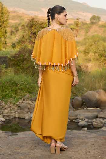 Aaryaa By Kashveen Kohli Nadir Cowl Draped Skirt & Halo Cape Set 