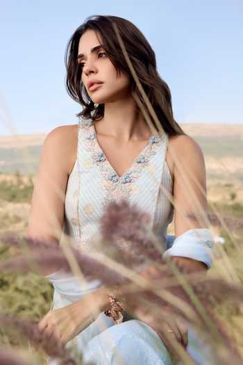 Aaryaa By Kashveen Kohli Blue Brocade, Lace, Chiffon V-neck Esme Short Kurta Sharara Set Online at Aza Fashions Aaryaa By Kashveen Kohli_Blue Brocade, Lace, Chiffon V-neck Esme Short Kurta Sharara Set _Online_at_Aza_Fashions