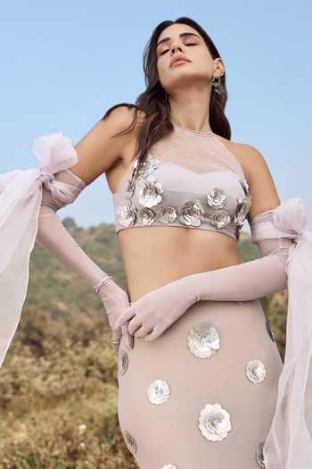 Buy Aaryaa By Kashveen Kohli Purple Lycra, Net High Neck Alba 3d Embellished Flower Skirt Set Buy_Aaryaa By Kashveen Kohli_Purple Lycra, Net High Neck Alba 3d Embellished Flower Skirt Set