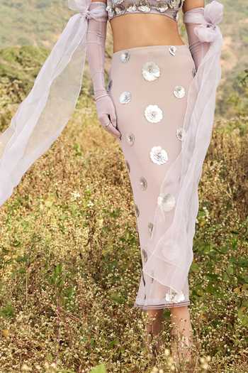 Shop Aaryaa By Kashveen Kohli Purple Lycra, Net High Neck Alba 3d Embellished Flower Skirt Set Shop_Aaryaa By Kashveen Kohli_Purple Lycra, Net High Neck Alba 3d Embellished Flower Skirt Set