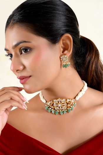 Prestones Pearl Embellished Pendant Choker Set 