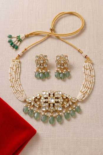 Prestones Pearl Embellished Pendant Choker Set 