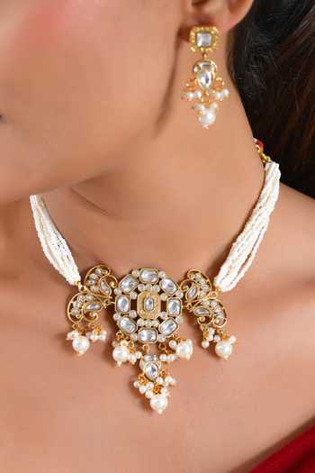 Prestones_White Pearl Embellished Choker Set _Online_at_Aza_Fashions