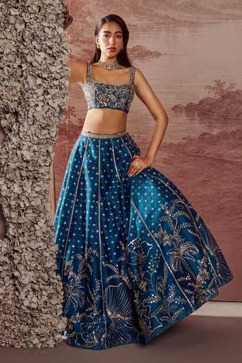 Parul Gandhi Blue Silk Square Neck Elara Embroidered Lehenga Set at Aza Fashions Parul Gandhi_Blue Silk Square Neck Elara Embroidered Lehenga Set _at_Aza_Fashions