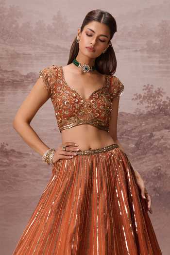 Parul Gandhi Orange Silk Organza V-neck Gulnaar Embroidered Lehenga Set Online at Aza Fashions Parul Gandhi_Orange Silk Organza V-neck Gulnaar Embroidered Lehenga Set _Online_at_Aza_Fashions