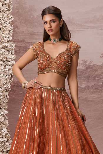 Shop Parul Gandhi Orange Silk Organza V-neck Gulnaar Embroidered Lehenga Set Online at Aza Fashions Shop_Parul Gandhi_Orange Silk Organza V-neck Gulnaar Embroidered Lehenga Set _Online_at_Aza_Fashions