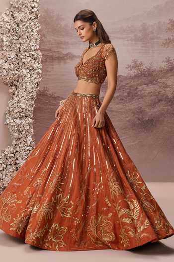 Parul Gandhi Orange Silk Organza V-neck Gulnaar Embroidered Lehenga Set at Aza Fashions Parul Gandhi_Orange Silk Organza V-neck Gulnaar Embroidered Lehenga Set _at_Aza_Fashions