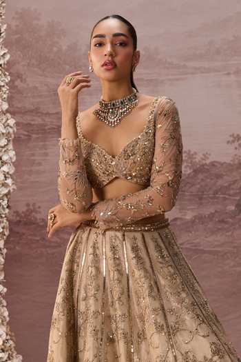 Parul Gandhi Gold Silk, Tissue Sweetheart Neck Mesh Embroidered Lehenga Set Online at Aza Fashions Parul Gandhi_Gold Silk, Tissue Sweetheart Neck Mesh Embroidered Lehenga Set _Online_at_Aza_Fashions