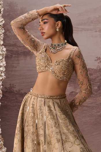 Buy Parul Gandhi Gold Silk, Tissue Sweetheart Neck Mesh Embroidered Lehenga Set Online at Aza Fashions Buy_Parul Gandhi_Gold Silk, Tissue Sweetheart Neck Mesh Embroidered Lehenga Set _Online_at_Aza_Fashions