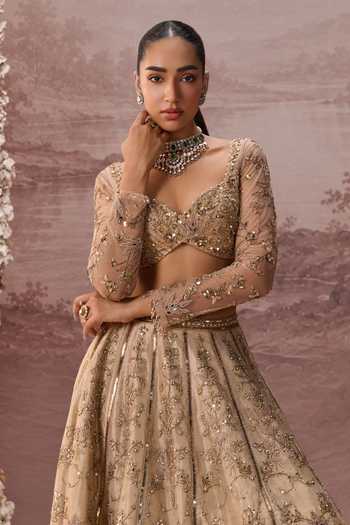 Shop Parul Gandhi Gold Silk, Tissue Sweetheart Neck Mesh Embroidered Lehenga Set Online at Aza Fashions Shop_Parul Gandhi_Gold Silk, Tissue Sweetheart Neck Mesh Embroidered Lehenga Set _Online_at_Aza_Fashions