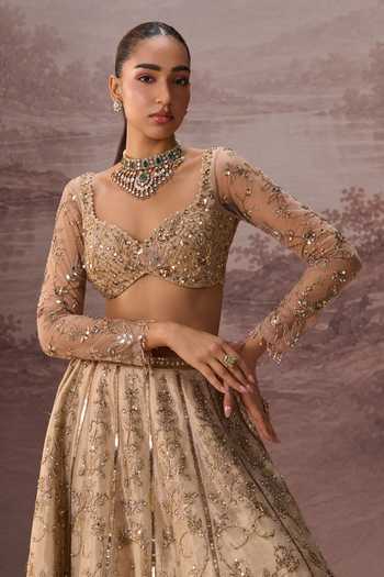 Parul Gandhi Gold Silk, Tissue Sweetheart Neck Mesh Embroidered Lehenga Set at Aza Fashions Parul Gandhi_Gold Silk, Tissue Sweetheart Neck Mesh Embroidered Lehenga Set _at_Aza_Fashions