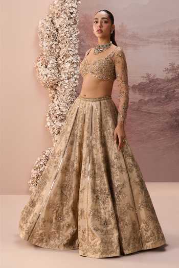 Buy Parul Gandhi Gold Silk, Tissue Sweetheart Neck Mesh Embroidered Lehenga Set Buy_Parul Gandhi_Gold Silk, Tissue Sweetheart Neck Mesh Embroidered Lehenga Set