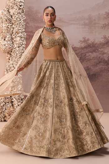 Shop Parul Gandhi Gold Silk, Tissue Sweetheart Neck Mesh Embroidered Lehenga Set Shop_Parul Gandhi_Gold Silk, Tissue Sweetheart Neck Mesh Embroidered Lehenga Set