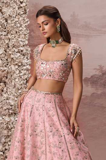 Parul Gandhi Pink Silk Square Neck Raina Mirror Embroidered Lehenga Set Online at Aza Fashions Parul Gandhi_Pink Silk Square Neck Raina Mirror Embroidered Lehenga Set _Online_at_Aza_Fashions