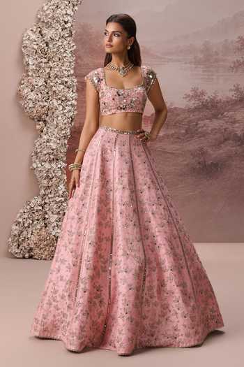 Buy Parul Gandhi Pink Silk Square Neck Raina Mirror Embroidered Lehenga Set Online at Aza Fashions Buy_Parul Gandhi_Pink Silk Square Neck Raina Mirror Embroidered Lehenga Set _Online_at_Aza_Fashions