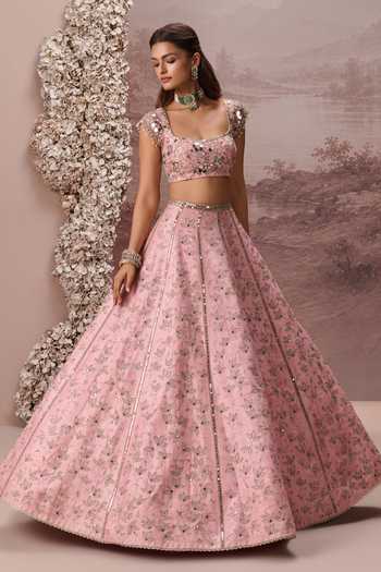 Shop Parul Gandhi Pink Silk Square Neck Raina Mirror Embroidered Lehenga Set Online at Aza Fashions Shop_Parul Gandhi_Pink Silk Square Neck Raina Mirror Embroidered Lehenga Set _Online_at_Aza_Fashions