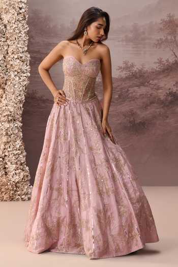 Parul Gandhi Purple Tissue Embroidery, Sequins, Beads Sweetheart Celeste Corset Lehenga Set at Aza Fashions Parul Gandhi_Purple Tissue Embroidery, Sequins, Beads Sweetheart Celeste Corset Lehenga Set _at_Aza_Fashions