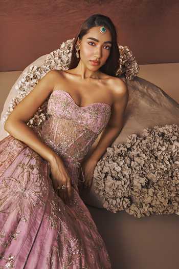 Buy Parul Gandhi Purple Tissue Embroidery, Sequins, Beads Sweetheart Celeste Corset Lehenga Set Buy_Parul Gandhi_Purple Tissue Embroidery, Sequins, Beads Sweetheart Celeste Corset Lehenga Set