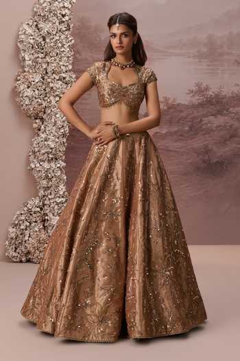 Buy_Parul Gandhi_Gold Silk, Tissue Sweetheart Neck Zariya Embroidered Lehenga Set _Online_at_Aza_Fashions