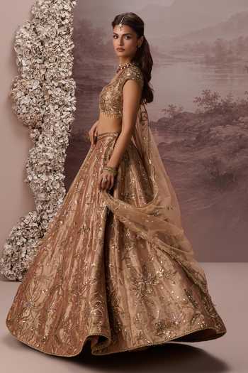 Shop_Parul Gandhi_Gold Silk, Tissue Sweetheart Neck Zariya Embroidered Lehenga Set _Online_at_Aza_Fashions