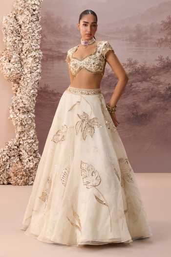Parul Gandhi_Ivory , Silk Sweetheart Neck Elaria Embroidered Lehenga Set _Online_at_Aza_Fashions