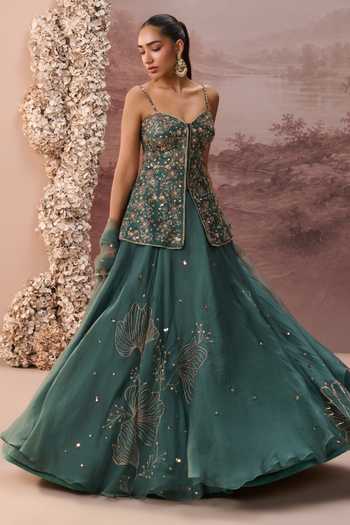 Parul Gandhi Green Silk Organza Sequins, Beads Serathine Embroidered Corset Lehenga Set Online at Aza Fashions Parul Gandhi_Green Silk Organza Sequins, Beads Serathine Embroidered Corset Lehenga Set _Online_at_Aza_Fashions