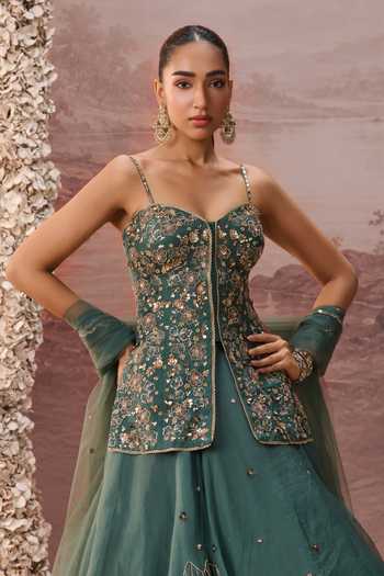 Shop Parul Gandhi Green Silk Organza Sequins, Beads Serathine Embroidered Corset Lehenga Set Online at Aza Fashions Shop_Parul Gandhi_Green Silk Organza Sequins, Beads Serathine Embroidered Corset Lehenga Set _Online_at_Aza_Fashions