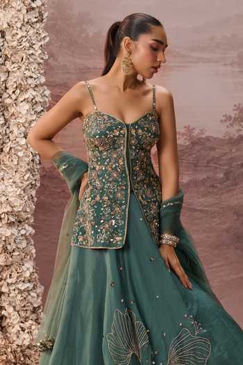 Parul Gandhi Green Silk Organza Sequins, Beads Serathine Embroidered Corset Lehenga Set at Aza Fashions Parul Gandhi_Green Silk Organza Sequins, Beads Serathine Embroidered Corset Lehenga Set _at_Aza_Fashions