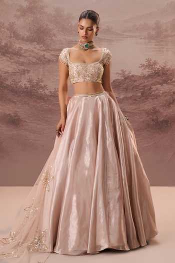 Shop Parul Gandhi Pink Silk, Tissue Square Neck Pankhuri Embroidered Lehenga Set Online at Aza Fashions Shop_Parul Gandhi_Pink Silk, Tissue Square Neck Pankhuri Embroidered Lehenga Set _Online_at_Aza_Fashions