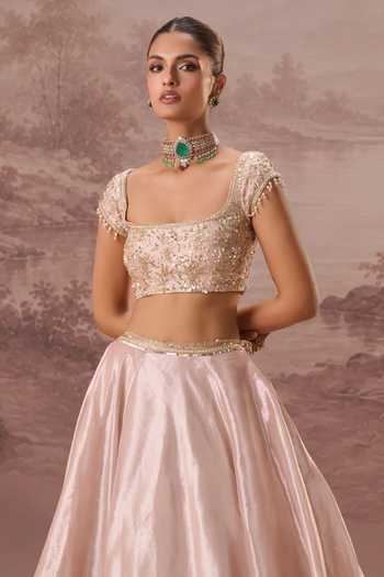 Parul Gandhi Pink Silk, Tissue Square Neck Pankhuri Embroidered Lehenga Set at Aza Fashions Parul Gandhi_Pink Silk, Tissue Square Neck Pankhuri Embroidered Lehenga Set _at_Aza_Fashions