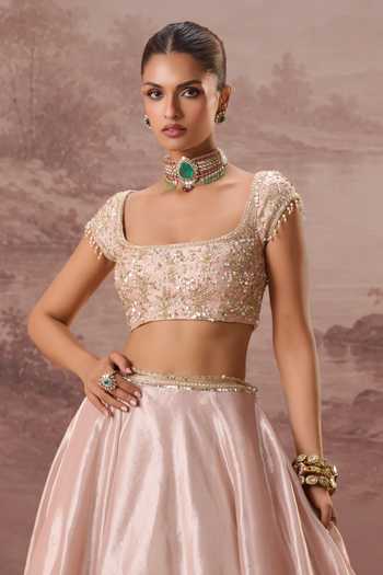 Buy Parul Gandhi Pink Silk, Tissue Square Neck Pankhuri Embroidered Lehenga Set Buy_Parul Gandhi_Pink Silk, Tissue Square Neck Pankhuri Embroidered Lehenga Set