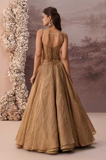 Shop Parul Gandhi Gold Tissue Sequins, Beads, Stones Tabeer Embellished Corset Lehenga Set Shop_Parul Gandhi_Gold Tissue Sequins, Beads, Stones Tabeer Embellished Corset Lehenga Set