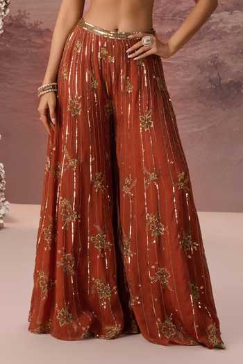 Parul Gandhi Orange Silk Organza V-neck Sienna Embroidered Blouse Sharara Set Online at Aza Fashions Parul Gandhi_Orange Silk Organza V-neck Sienna Embroidered Blouse Sharara Set _Online_at_Aza_Fashions