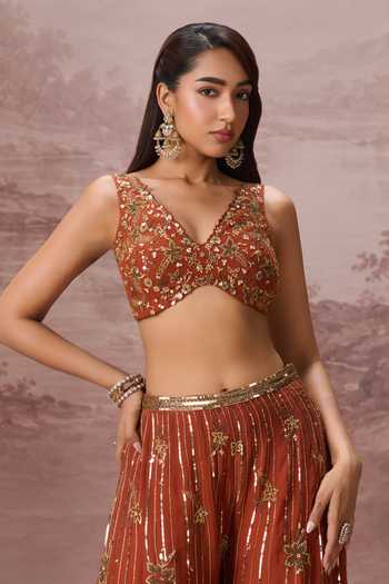 Buy Parul Gandhi Orange Silk Organza V-neck Sienna Embroidered Blouse Sharara Set Online at Aza Fashions Buy_Parul Gandhi_Orange Silk Organza V-neck Sienna Embroidered Blouse Sharara Set _Online_at_Aza_Fashions