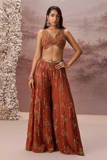 Shop Parul Gandhi Orange Silk Organza V-neck Sienna Embroidered Blouse Sharara Set Online at Aza Fashions Shop_Parul Gandhi_Orange Silk Organza V-neck Sienna Embroidered Blouse Sharara Set _Online_at_Aza_Fashions