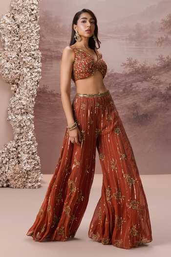 Parul Gandhi Orange Silk Organza V-neck Sienna Embroidered Blouse Sharara Set at Aza Fashions Parul Gandhi_Orange Silk Organza V-neck Sienna Embroidered Blouse Sharara Set _at_Aza_Fashions
