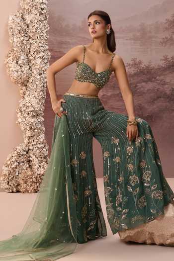 Parul Gandhi Emerald Green Silk Organza Sweetheart Neck Ruh Embroidered Blouse Sharara Set at Aza Fashions Parul Gandhi_Emerald Green Silk Organza Sweetheart Neck Ruh Embroidered Blouse Sharara Set _at_Aza_Fashions