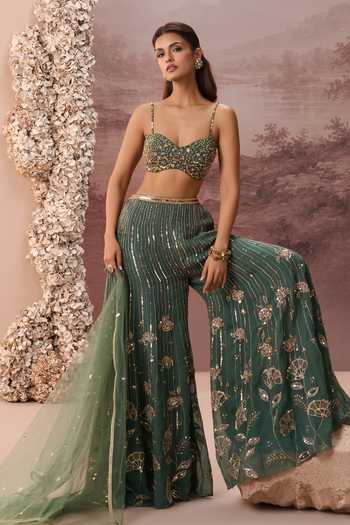 Buy Parul Gandhi Emerald Green Silk Organza Sweetheart Neck Ruh Embroidered Blouse Sharara Set Buy_Parul Gandhi_Emerald Green Silk Organza Sweetheart Neck Ruh Embroidered Blouse Sharara Set