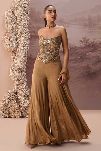 Shop Parul Gandhi Gold Chinon Sequins, Mirrors Sweetheart Riwaayat Embroidered Corset Palazzo Set Online at Aza Fashions Shop_Parul Gandhi_Gold Chinon Sequins, Mirrors Sweetheart Riwaayat Embroidered Corset Palazzo Set _Online_at_Aza_Fashions