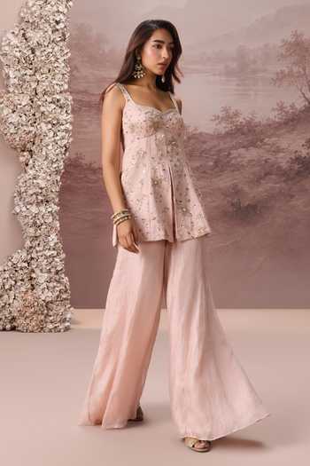 Buy Parul Gandhi Pink Tissue Square Neck Flora Embroidered Kurta Sharara Set Online at Aza Fashions Buy_Parul Gandhi_Pink Tissue Square Neck Flora Embroidered Kurta Sharara Set _Online_at_Aza_Fashions