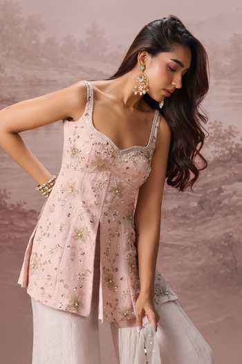 Shop Parul Gandhi Pink Tissue Square Neck Flora Embroidered Kurta Sharara Set Online at Aza Fashions Shop_Parul Gandhi_Pink Tissue Square Neck Flora Embroidered Kurta Sharara Set _Online_at_Aza_Fashions