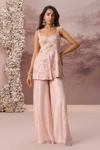 Parul Gandhi Pink Tissue Square Neck Flora Embroidered Kurta Sharara Set at Aza Fashions Parul Gandhi_Pink Tissue Square Neck Flora Embroidered Kurta Sharara Set _at_Aza_Fashions