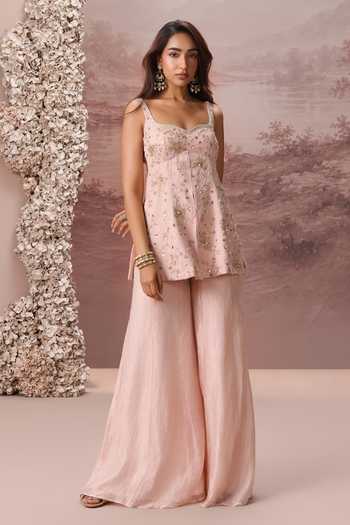 Buy Parul Gandhi Pink Tissue Square Neck Flora Embroidered Kurta Sharara Set Buy_Parul Gandhi_Pink Tissue Square Neck Flora Embroidered Kurta Sharara Set
