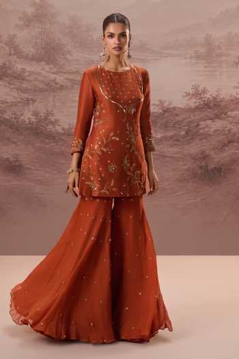 Shop Parul Gandhi Orange Silk Organza Mahira Embroidered Kurta Sharara Set Online at Aza Fashions Shop_Parul Gandhi_Orange Silk Organza Mahira Embroidered Kurta Sharara Set _Online_at_Aza_Fashions